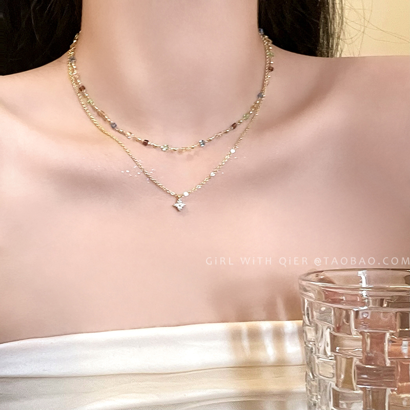 双层彩色水晶串珠锆石项链女夏季高级感小众叠戴锁骨链多巴胺配饰