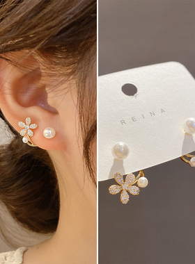 韩国小众设计感珍珠花朵耳环2022年新款潮轻奢纯银两戴耳钉耳饰女