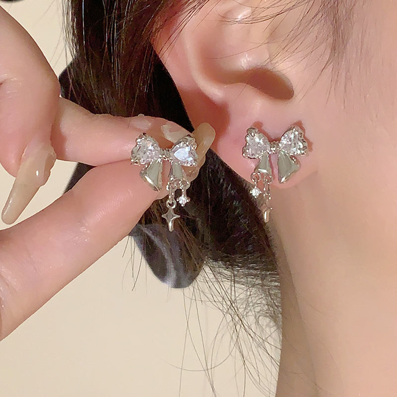 S925银针 星光璀璨蝴蝶结锆石耳钉女小众设计感高级气质耳环耳饰