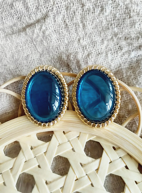 新宫廷中古复古Vintage年代优雅时髦宝石蓝色耳环钉耳扣夹535