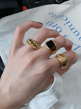 欧美跨境个性金色光面螺纹戒指女韩版牛角包时尚冷淡风开口食指环