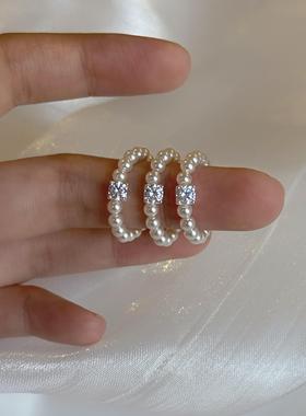 s925纯银小方糖锆石珍珠戒指女小众设计秋冬指环轻奢高级感食指戒