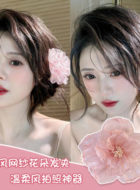 韩式少女粉色花朵发夹女仙气侧马尾鸭嘴夹子头饰发卡夏季甜妹边夹