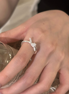 925纯银单结戒指女小众设计高级感中古锆石开口食指戒指环ins手饰