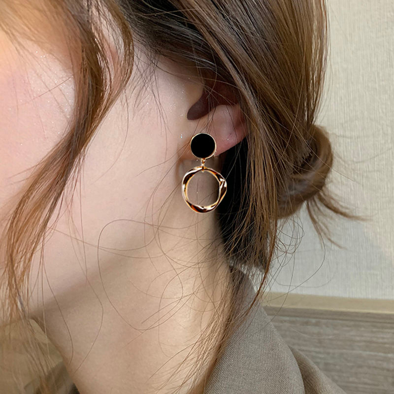 韩国圆圈耳环女气质高级感纯银防过敏黑色耳钉女2023年新款设计感