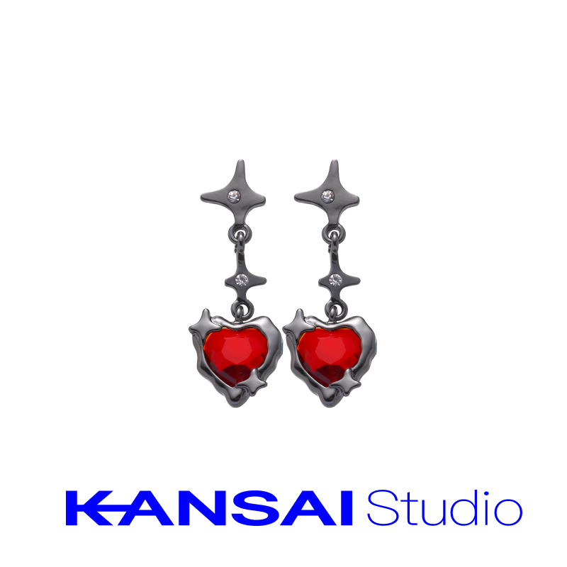 KANSAI四芒星红色爱心耳钉女小众酷黑系个性欧美耳环时尚潮耳饰品