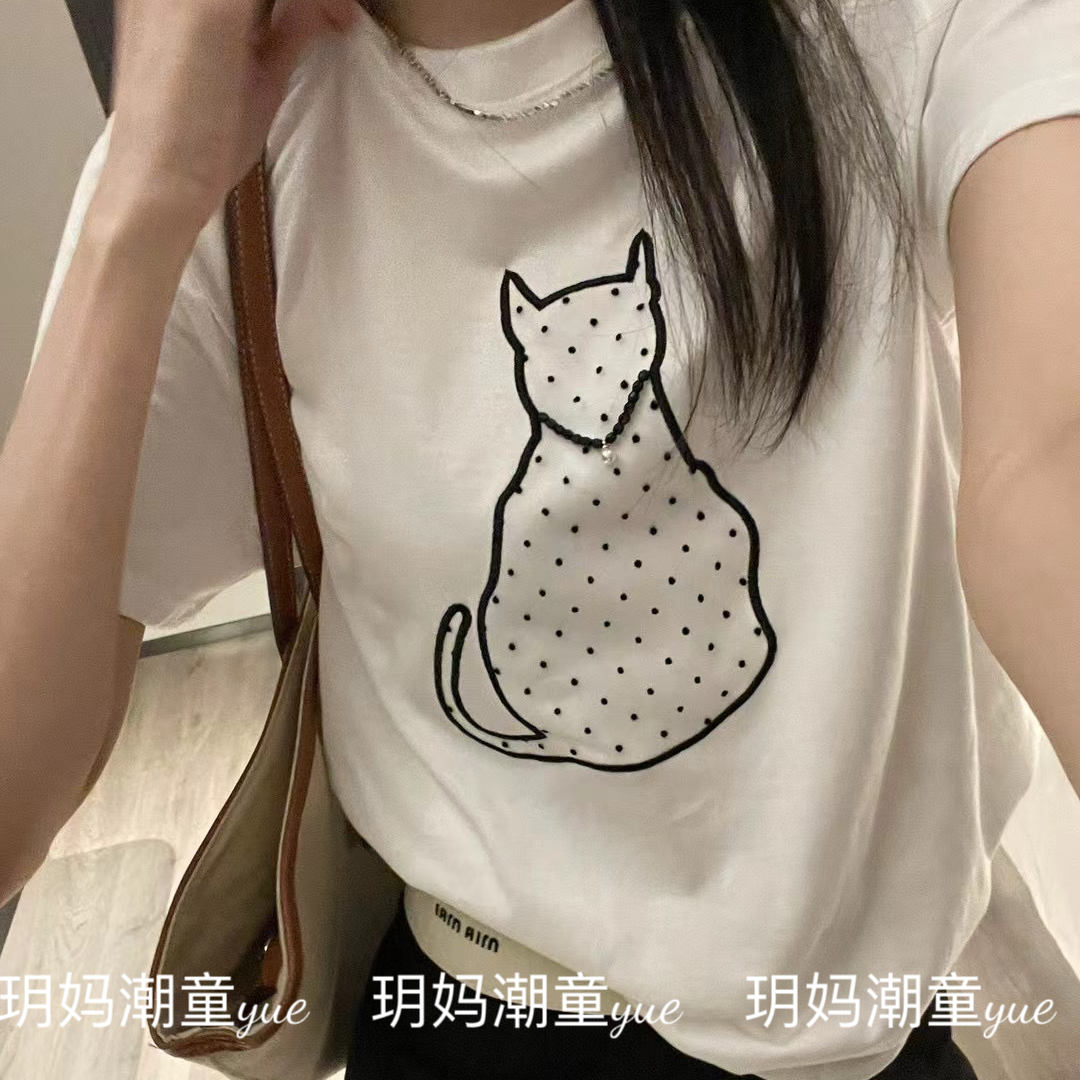 波点蕾丝刺绣猫咪手工T恤(衣长58 胸围98 )#D1911