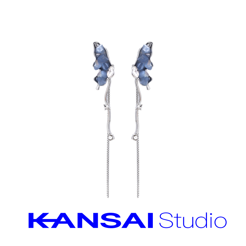 KANSAI新款蓝水晶蝴蝶流苏耳钉女生小众个性设计轻奢高级感耳饰品