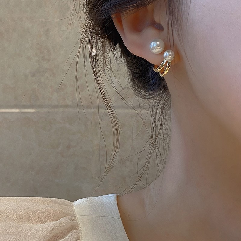 S925银针韩国东大门双圈珍珠耳环女气质简约百搭耳钉耳坠可拆两戴