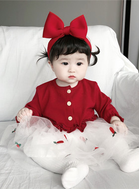 春秋装女童婴幼儿公主裙周岁礼服韩版红色女宝宝新年连衣裙加绒