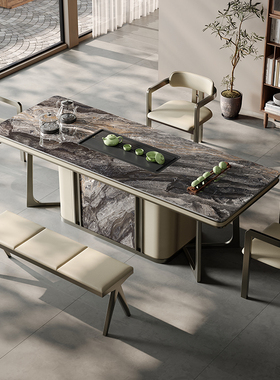 奢石岩板茶台桌现代轻奢办公室茶台大板桌高级感套装泡茶桌椅组合