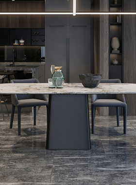 意式极简岩板餐桌椅现代简约北欧家具组合套装吃饭桌轻奢碳素钢台