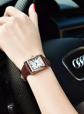 新款方形手表女士时尚棕色真皮带防水女装品牌女表十大高级感腕表