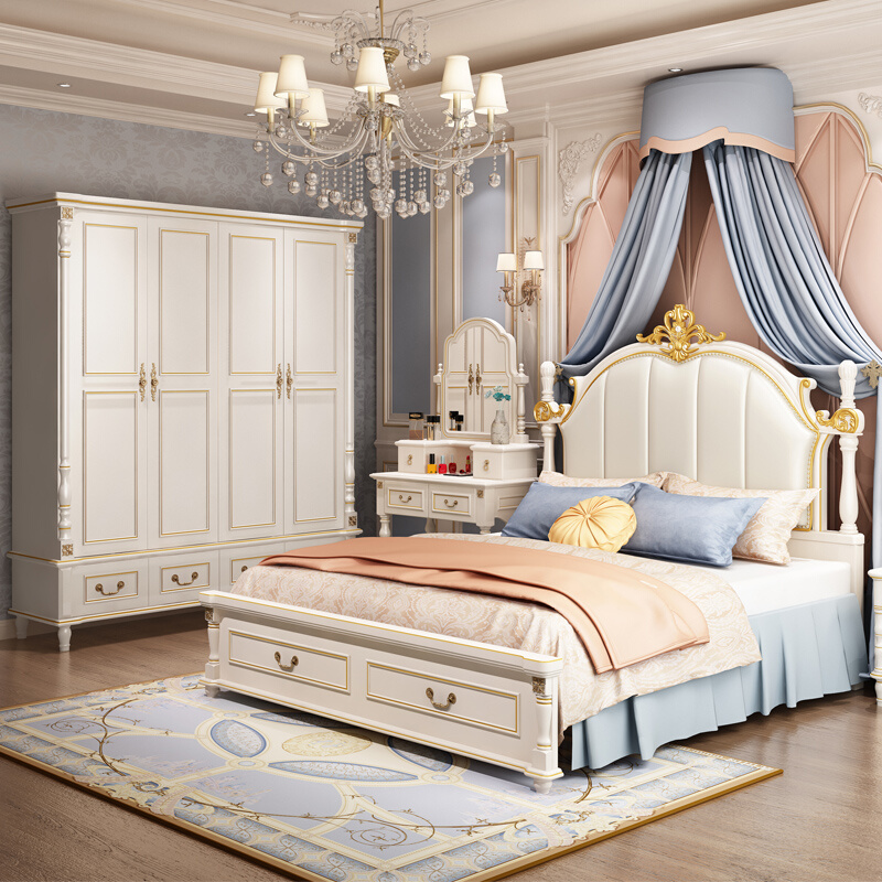 美式床轻奢现代简约实木双人床婚床衣柜妆台全套卧室家具组合套装