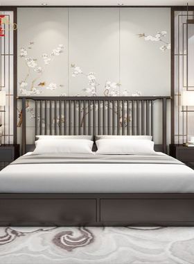 新中式实木双人1.8米床现代简约禅意别墅卧室环保无甲醛全套家具