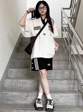 学院风运动套装女夏季polo短袖显瘦宽松韩版学生休闲两件套跑步服