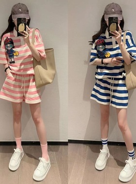polo领时尚休闲运动服套装女夏季短袖短裤学生韩版宽松洋气两件套