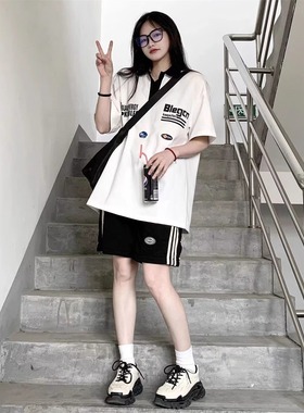韩系少女软妹运动服套装女美式潮牌POLO衫女宽松设计感短袖两件套