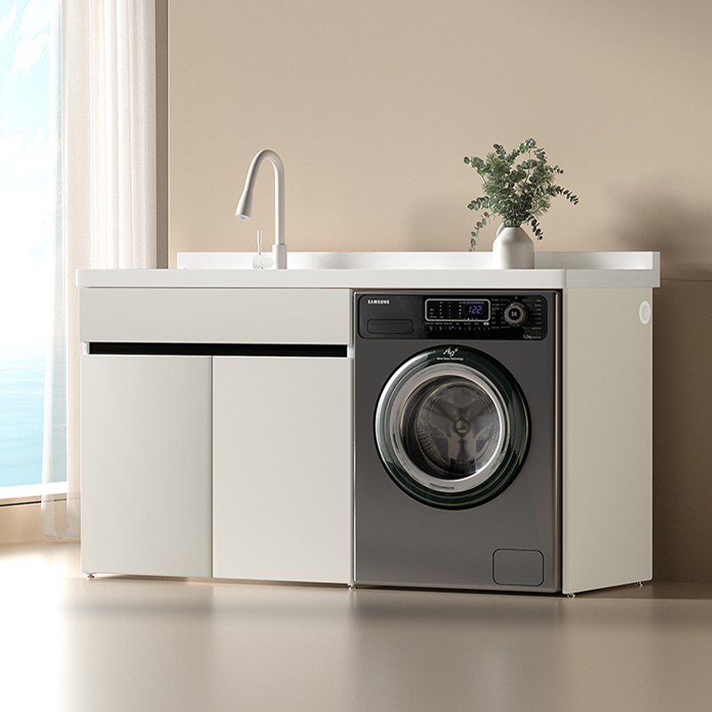 德国希尚奶油风白色蜂窝铝洗衣机柜组合滚筒伴侣洗衣池带搓板定制