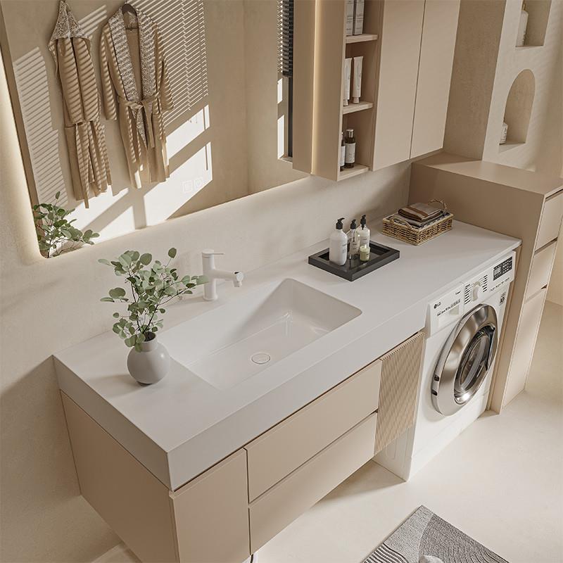 奶油风浴室柜2023新款洗衣机阳台一体柜组合洗漱台橡木实木烤漆柜