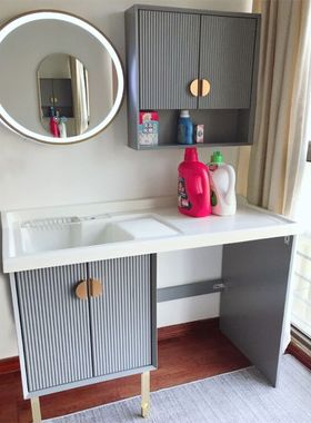 橡木实木洗衣柜阳台柜一体盆洗衣机伴侣浴室柜组合定制高低搓衣板