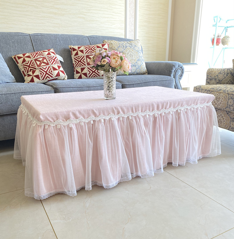 新款粉色纱纱麻将机茶几罩桌布长方形烤火炉棉麻套客厅茶几全包套