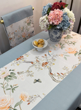 美式桌布新中式花鸟餐椅垫套装椅套罩棉麻茶几盖布防水防烫