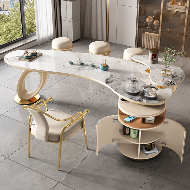 现代岩板大茶台轻奢感简约办公泡茶一体桌创意弧形茶桌椅组合
