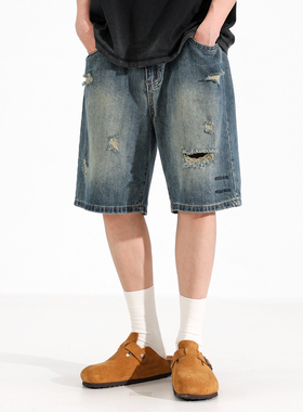 Ceecuz破洞做旧直筒牛仔短裤男款夏季新款美式潮流宽松阔腿五分裤