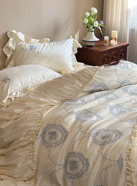 法式复古100支长绒棉四件套纯棉公主风褶皱全棉床单被套床上用品