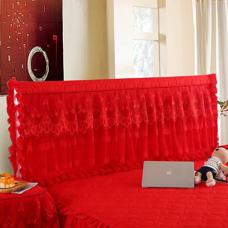 婚庆蕾丝大红床头罩韩版公主风夹棉加厚软包布艺床头保护罩防尘罩