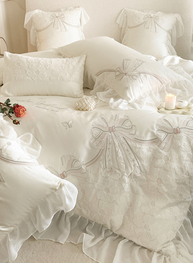 法式高端100支长绒棉四件套纯棉公主风蕾丝床上用品全棉床单被套