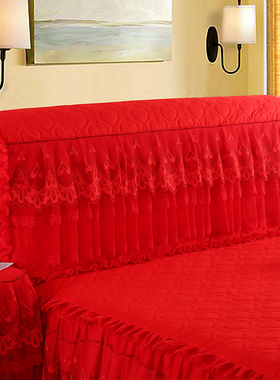 婚庆大红全包床头罩夹棉加厚防尘罩蕾丝公主风软包皮床头套保护罩