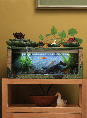 匠心坊中式复古景观鱼缸造景客厅流水摆件电视柜旁养鱼创意微景观