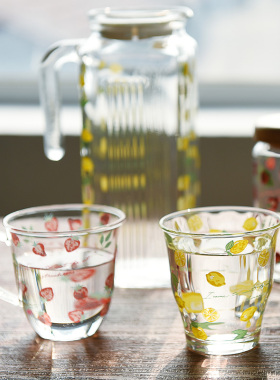 日本进口ins草莓柠檬碎花 带把耐热玻璃杯 茶壶茶杯果汁杯 冷水壶