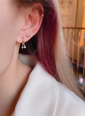 白小C 韩国黄金14K/10K金耳环 个性小珍珠绿钻星星十字架耳骨耳扣