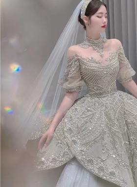 法式婚纱2022新娘女新款冬季赫本高级小个子拖尾结婚礼服复古