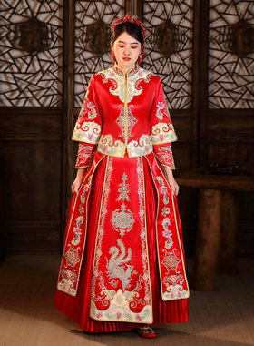 中式嫁衣秀和服出格吉服锦缎刺绣千鸟格新娘冬季长袖红色嫁衣2022