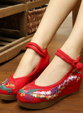 老北京布鞋女民族风绣花新娘秀禾鞋坡跟单鞋内增高厚底红色结婚鞋