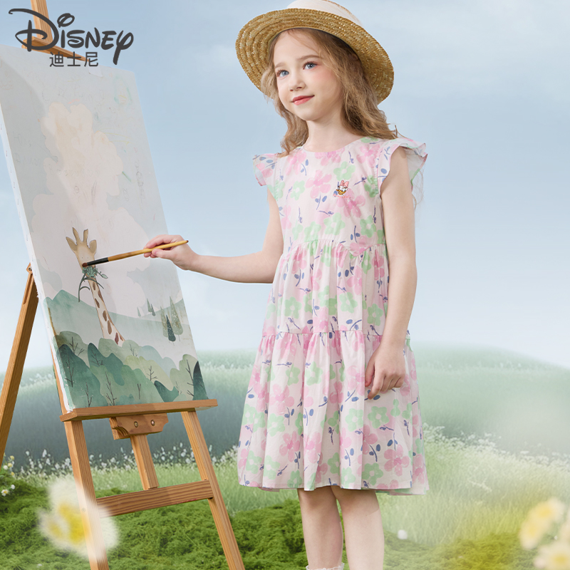 迪士尼女童连衣裙儿童裙子薄款夏装新款全棉公主裙碎花裙洋气童装