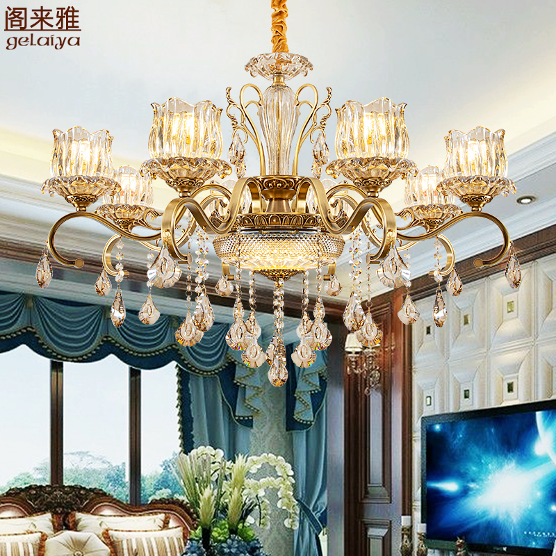 美式客厅灯现代简约水晶灯欧式别墅复式楼餐厅灯法式卧室全铜灯具