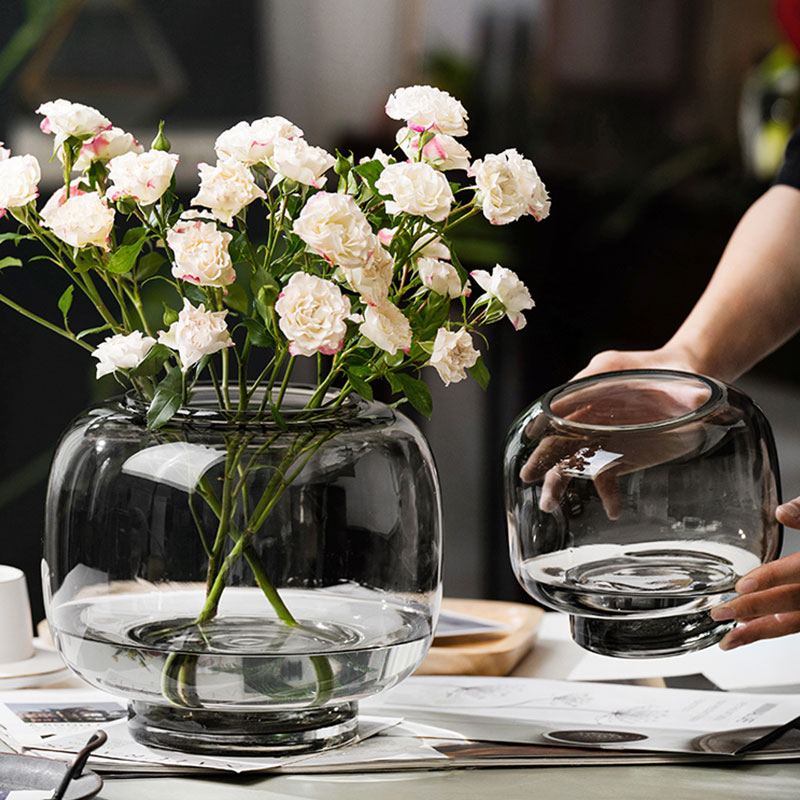 大口水养轻奢原色花瓶透明水培器皿圆形插花客厅餐桌玻璃摆件简约
