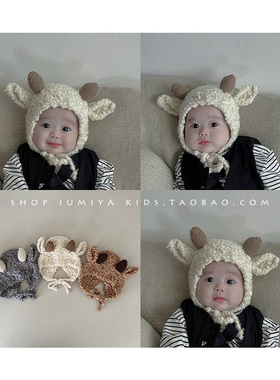 冬天婴儿帽子可爱0-1岁新款羊羔毛保暖宝宝帽子男孩婴幼儿护耳帽