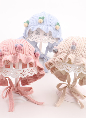 婴儿帽子秋冬季婴幼儿0-3-6个月纯棉公主帽可爱冬天女宝宝毛线帽