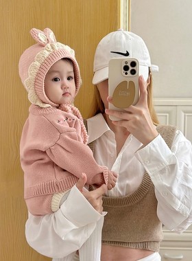 婴儿帽子冬季公主洋气女宝宝兔耳朵护耳帽秋冬天婴幼儿女童毛线帽