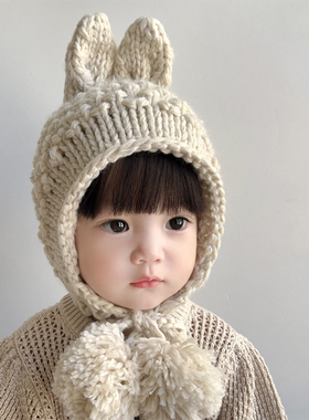 秋冬季婴儿兔子毛线帽男女宝宝套头帽韩版针织护耳帽子冬天保暖棉
