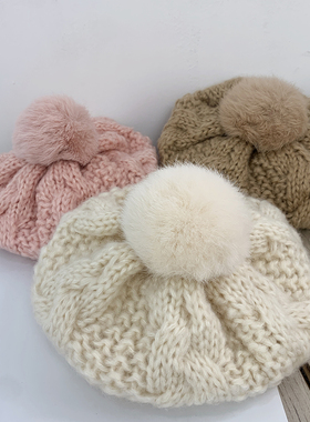 女宝宝帽子秋冬季婴儿针织贝雷帽女孩甜美可爱冬天女童毛线帽亲子