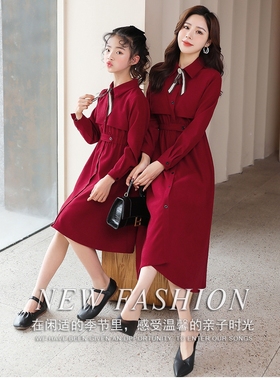 红色炸街亲子装母女修身秋冬高端特别中国风复古连衣裙2023新款潮