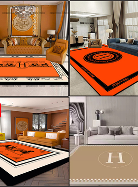 新款爱马橙色大H客厅地毯轻奢高级卧室全屋满铺直播间服装店地垫