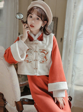 新年旗袍秋冬冬季拜年服女大人中国风女装新中式过年唐装加厚套装